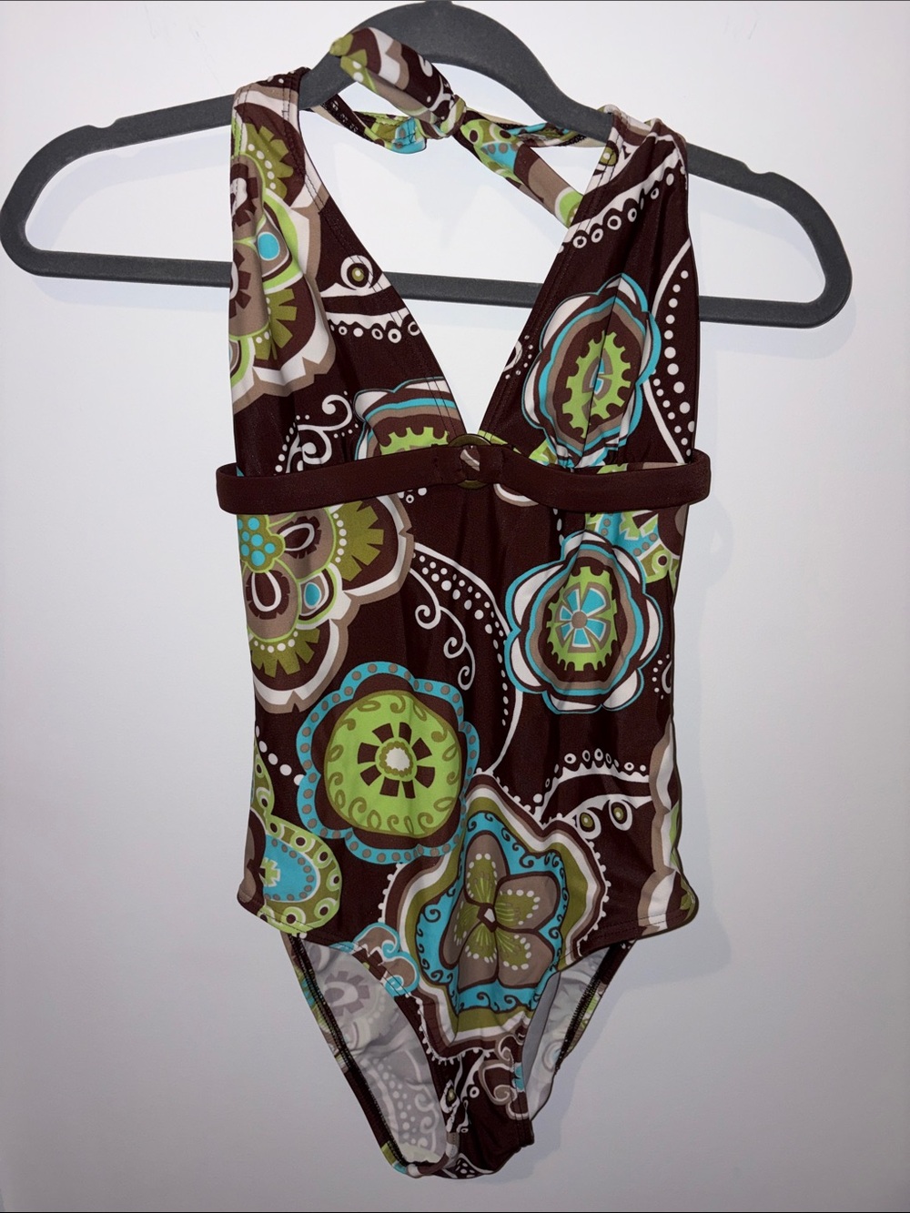 Women’s Brown Floral Halter One-Piece Swimsuit